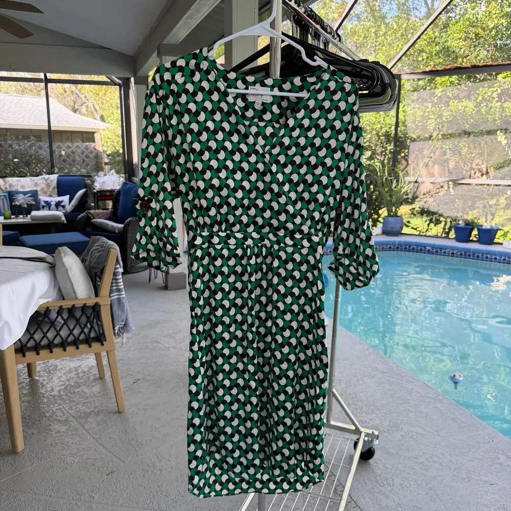 Milly of New York Silk Blend Wrap Dress Green White Polka‎ Dot Belted USA Made